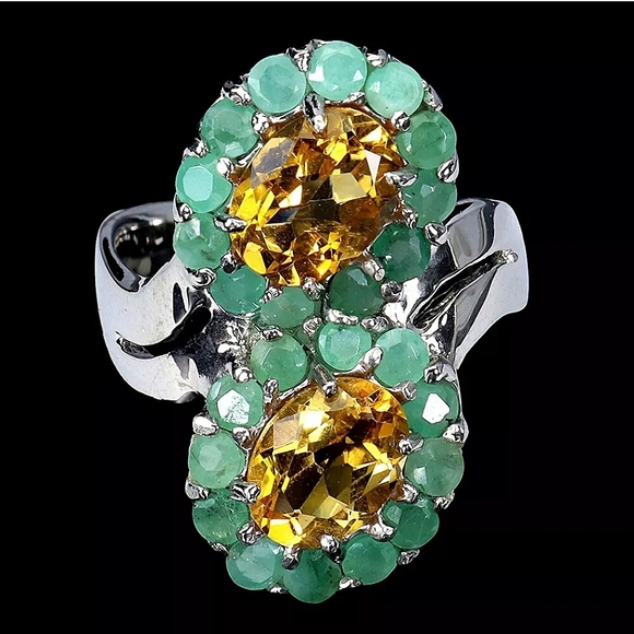 Natural Oval Citrine 8x6mm & Emerald Gemstone 925 Sterling Silver Ring 7.5 - Picture 2 of 7